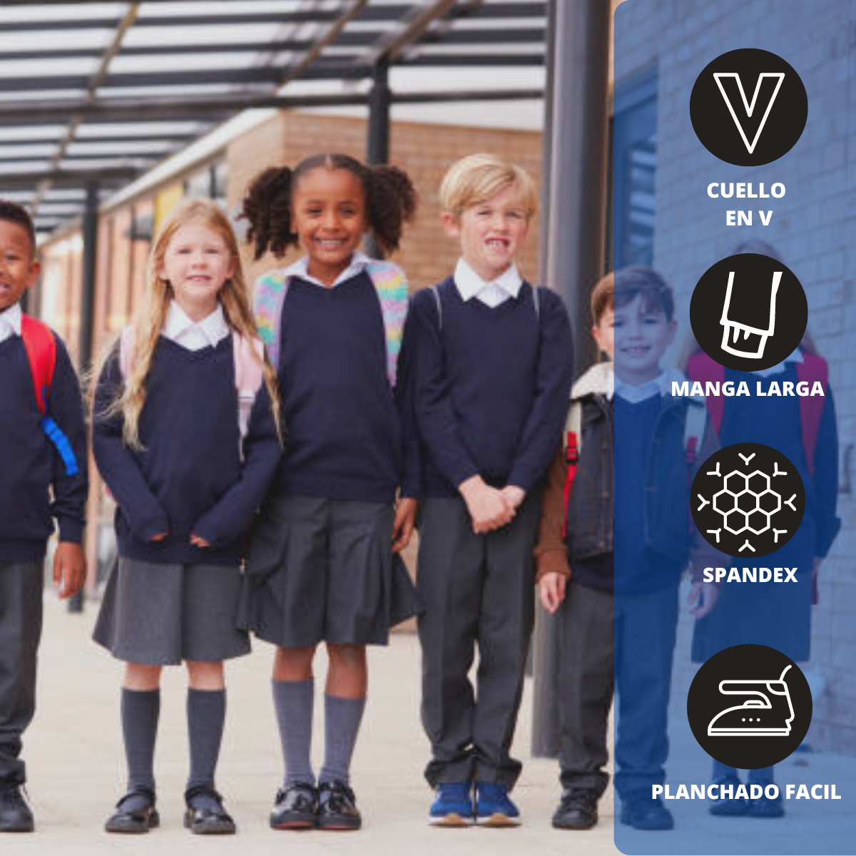 Sweater Cuello V Spandex Azul Marino Niña