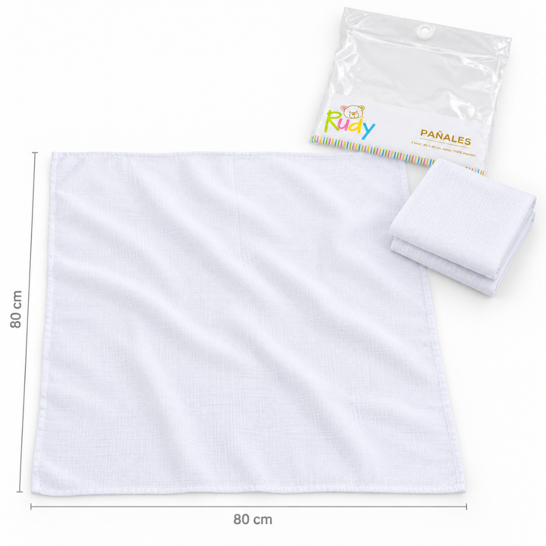 Pack 3 Pañales Bebe 100% Algodón 80x80 Rudy